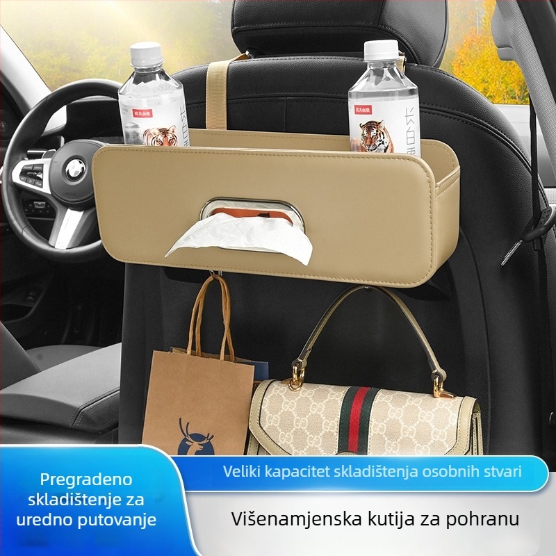 Kožni organizator za stražnje sjedalo automobila – viseći spremnik s držačem za čašu i kutijom za maramice, velik kapacitet