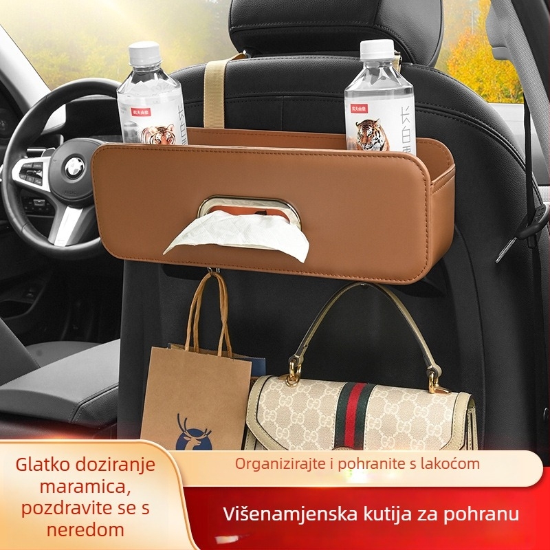 Kožni organizator za stražnje sjedalo automobila – viseći spremnik s držačem za čašu i kutijom za maramice, velik kapacitet