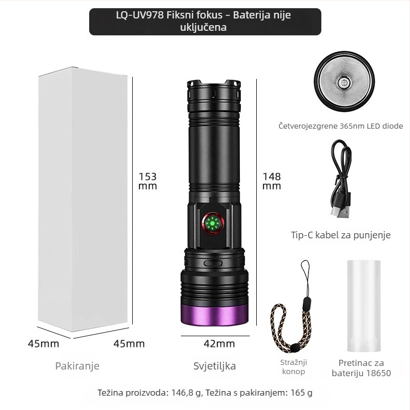 UV365 LED svjetiljka, četverojezgrena, 20W, crni ogledni kućište, za ocjenjivanje antikviteta i otkrivanje gljivica
