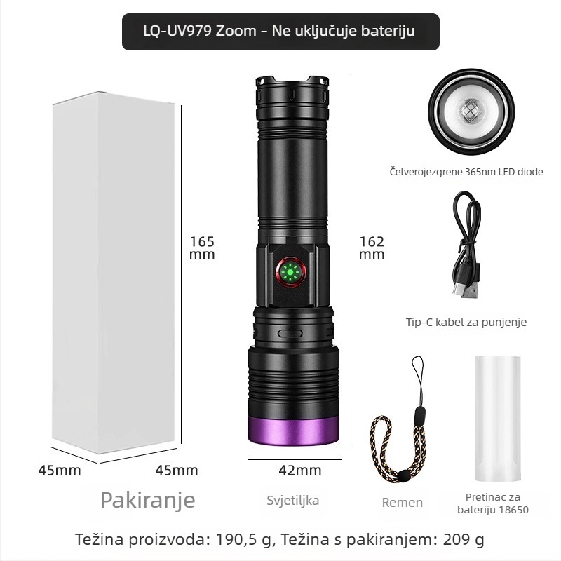 UV365 LED svjetiljka, četverojezgrena, 20W, crni ogledni kućište, za ocjenjivanje antikviteta i otkrivanje gljivica
