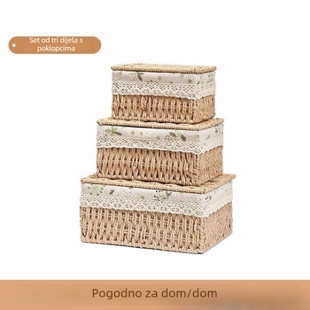Pleteni stolni spremnik za skladištenje s poklopcem, imitacija ratana, košarica za sitnice, grickalice i kozmetiku