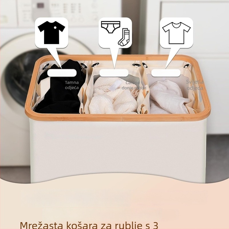 Koš za pranje s okretljivim kotačićima, velik kapacitet, 3 odvojive unutarnje torbe, vodootporan koš za prljavo rublje za praonicu i spavaću sobu
