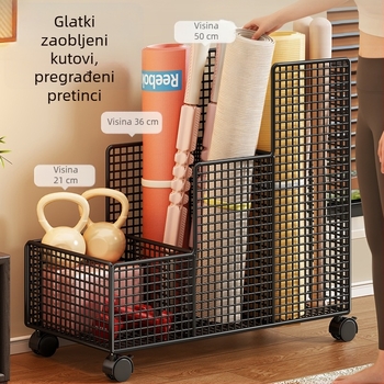 Organizator za skladištenje fitness opreme za kućnu upotrebu, koš za pohranu joga prostirke, pomično kolica i policu za sportsku opremu