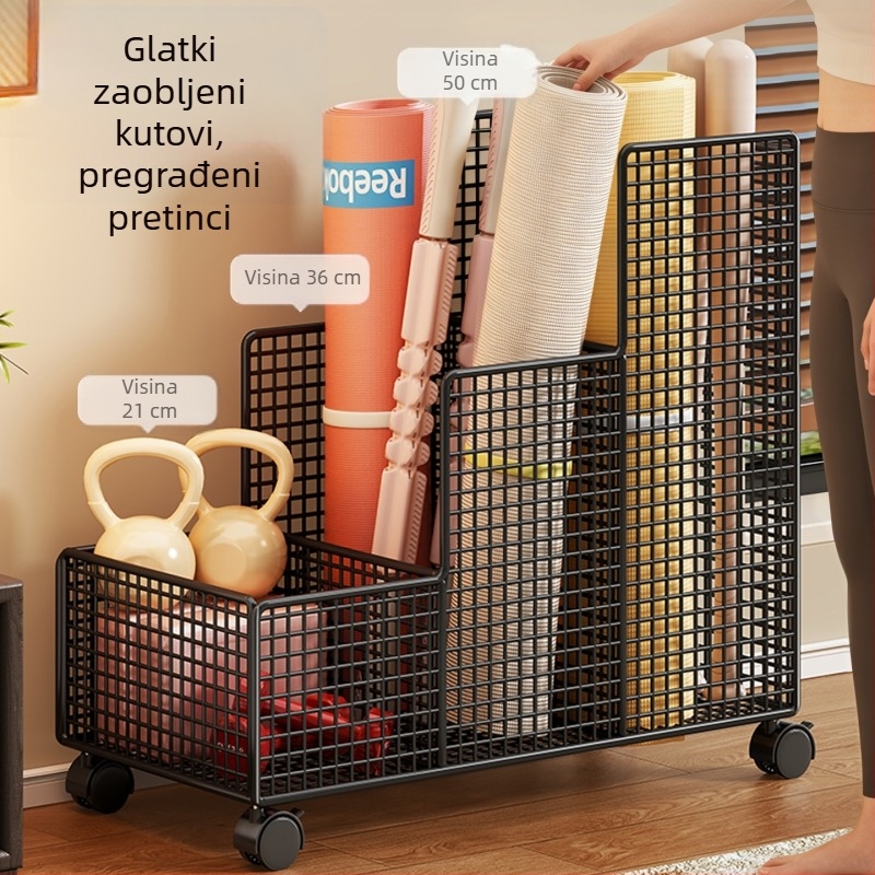 Organizator za skladištenje fitness opreme za kućnu upotrebu, koš za pohranu joga prostirke, pomično kolica i policu za sportsku opremu