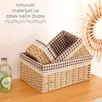 Pleteni košarica za pohranu s poklopcem, imitacija ratana, kozmetički organizator za dnevnu sobu i sitnice