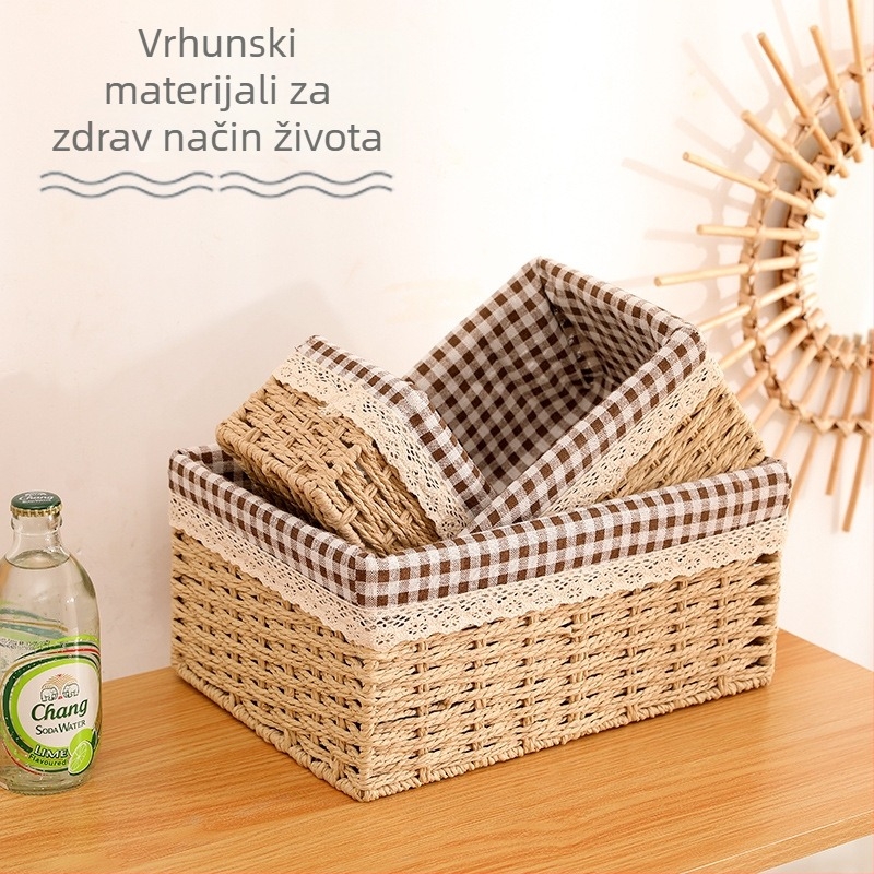 Pleteni košarica za pohranu s poklopcem, imitacija ratana, kozmetički organizator za dnevnu sobu i sitnice
