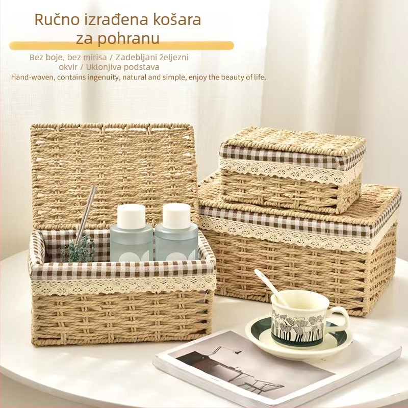 Pleteni košarica za pohranu s poklopcem, imitacija ratana, kozmetički organizator za dnevnu sobu i sitnice