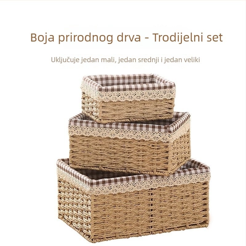 Pleteni košarica za pohranu s poklopcem, imitacija ratana, kozmetički organizator za dnevnu sobu i sitnice