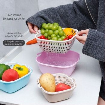 Dvostruki odvodni koš za pranje povrća i voća, plastični kuhinjski koš, višefunkcionalni kućni alat za čišćenje, debeo koš za povrće
