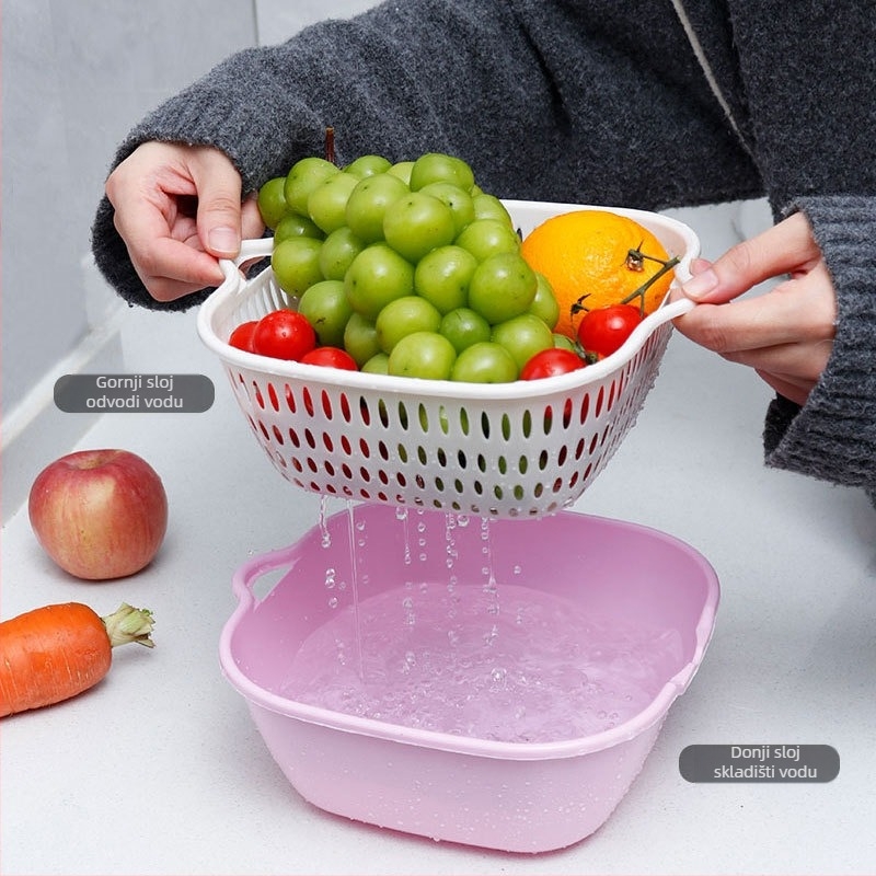 Dvostruki odvodni koš za pranje povrća i voća, plastični kuhinjski koš, višefunkcionalni kućni alat za čišćenje, debeo koš za povrće