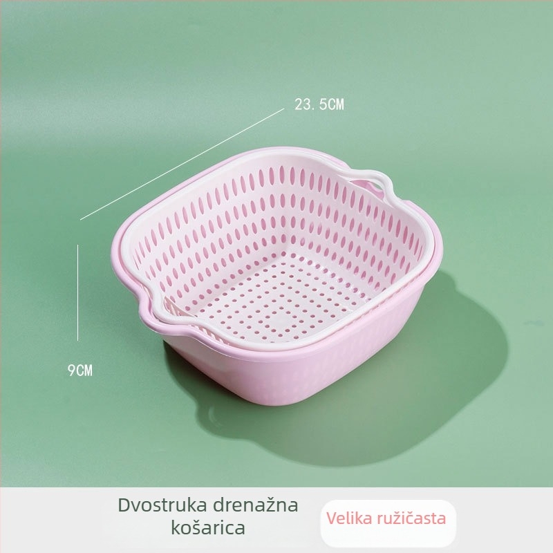 Dvostruki odvodni koš za pranje povrća i voća, plastični kuhinjski koš, višefunkcionalni kućni alat za čišćenje, debeo koš za povrće