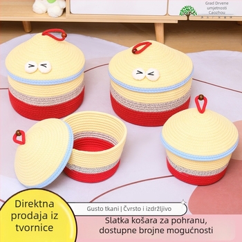 Pletena stolna košara za pohranu s poklopcem, sladak crtani dizajn, organizator za kozmetiku i sitnice, pogodno za hodnik i studentski dom, košara za grickalice