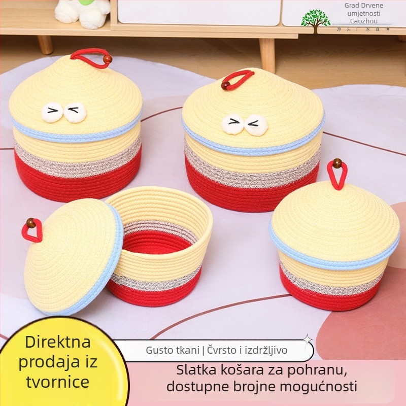 Pletena stolna košara za pohranu s poklopcem, sladak crtani dizajn, organizator za kozmetiku i sitnice, pogodno za hodnik i studentski dom, košara za grickalice