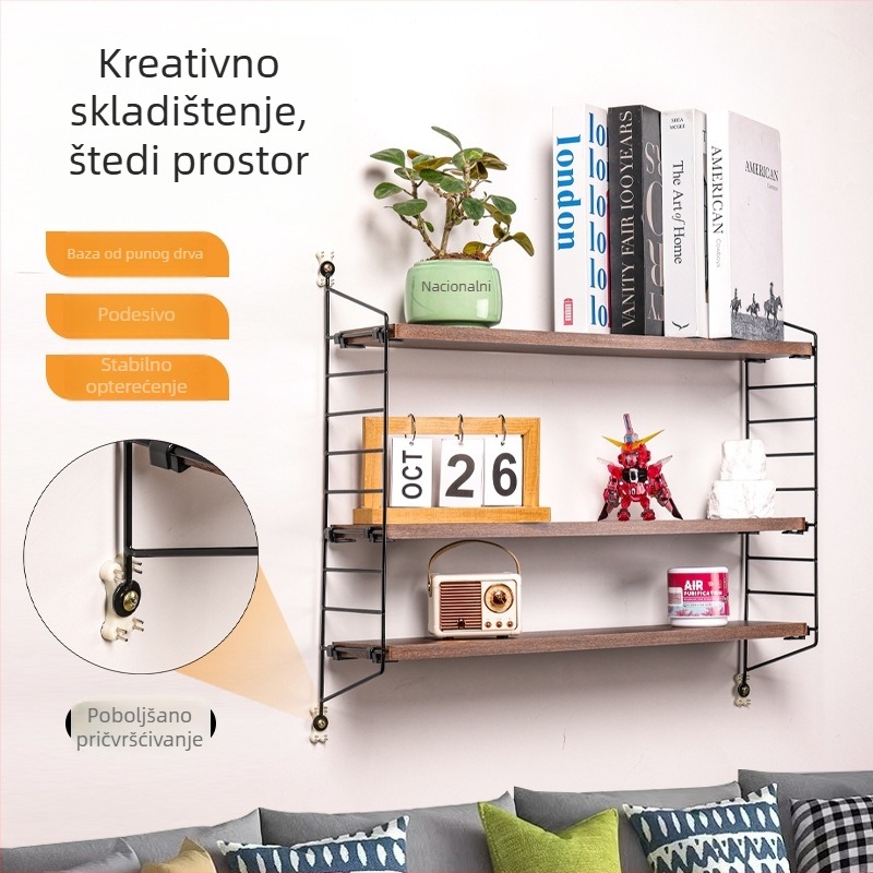 Zidni višenamjenski stalak od željeza i drveta, bez bušenja, s 3 etažama, za dnevni boravak, ured i kupaonicu