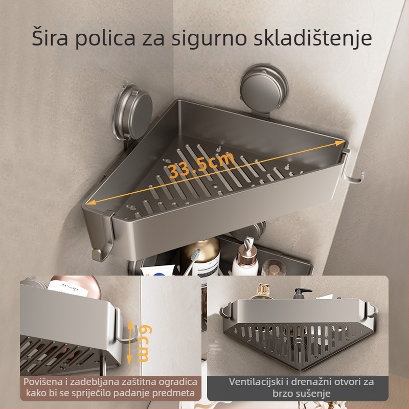 Zidni organizator za kupaonicu s usisnim čašicama, bez bušenja, trokutasti koš za umivaonik
