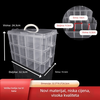 Velika tro-slojna prozirna plastična kutija za pohranu s ručkom, 30 pretinaca, za nakit, LEGO i alate