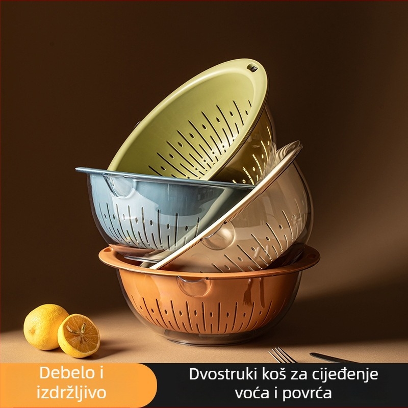 Dvostruki sloj posude za pranje povrća s odvodnim košarom, plastična kuhinjska posuda za voće i povrće