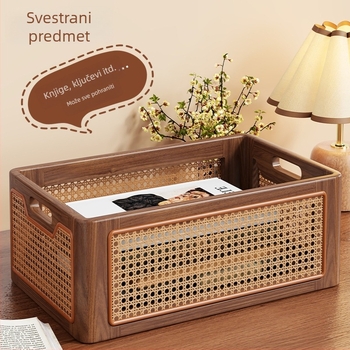 Drvena stolna kutija za pohranu s retro ratanskim upletom, višenamjenska košara za dnevni boravak, spavaću sobu, kozmetiku i igračke