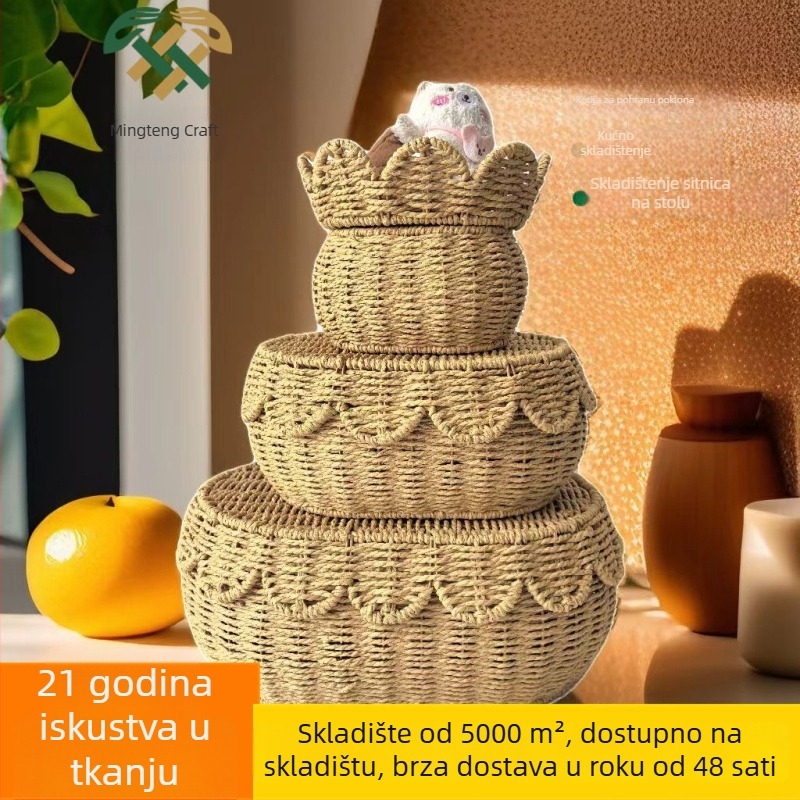 Koš za stolno skladištenje s poklopcem – ručno pleteni koš od prirodne slame i papirnate užadi, veličine veliki, srednji i mali