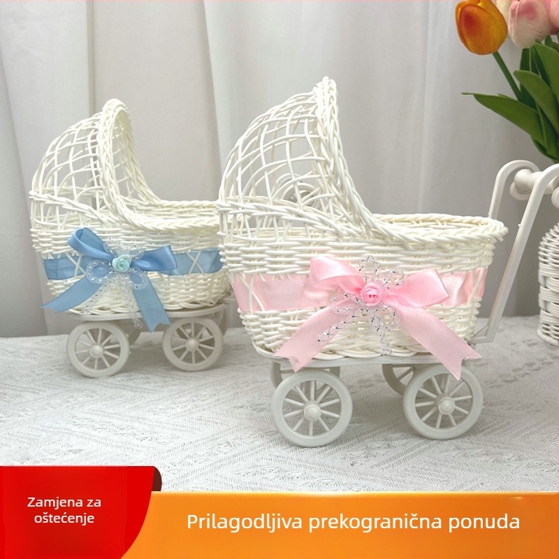 Kreativna četverokolesna kolica s pletenim ratanom košarom za bebe, kućna dekoracija i skladištenje, rekvizita za fotografiranje