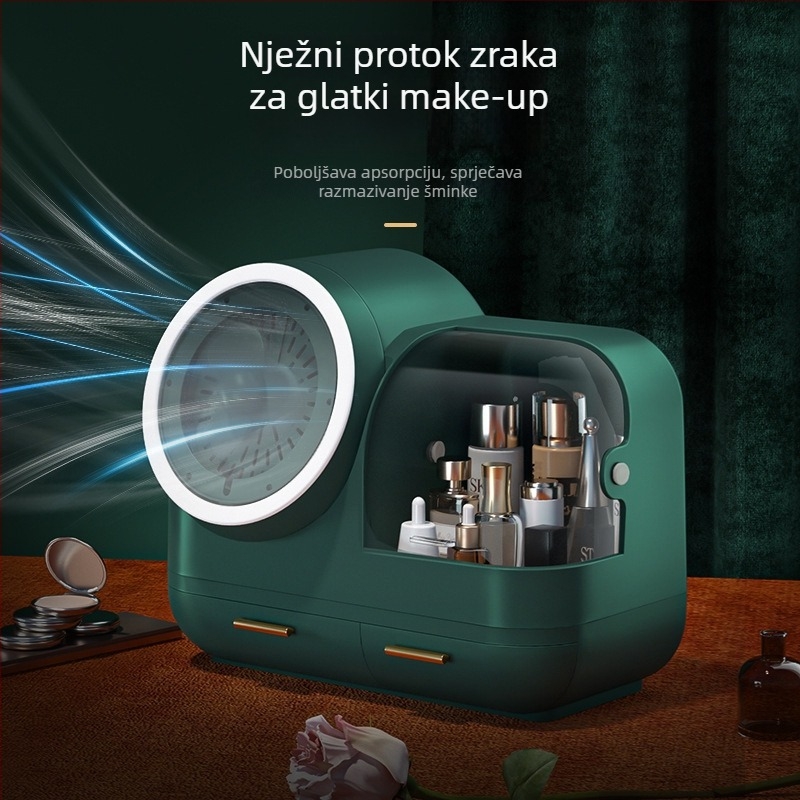Kutija za kozmetiku s ventilatorom, ogledalom i LED osvjetljenjem – organizator nakita i njege kože za stolni prostor