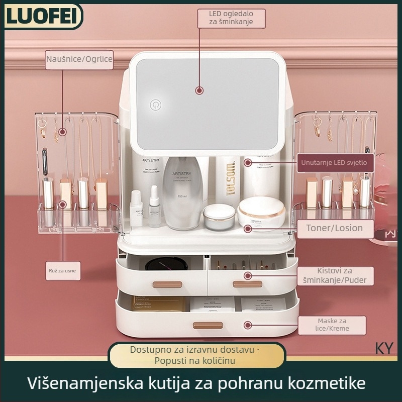 Stol za šminkanje s ugrađenim ogledalom i kutijom za kozmetiku, ABS plastični organizator za kozmetiku i nakit