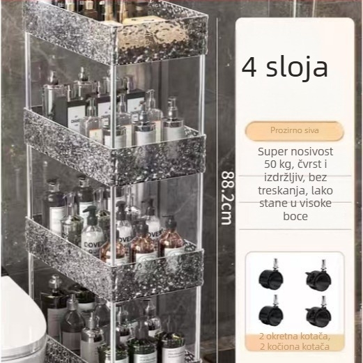 Akrilna kolica za skladištenje s tri razine, pokretna, kuhinju i kupaonicu