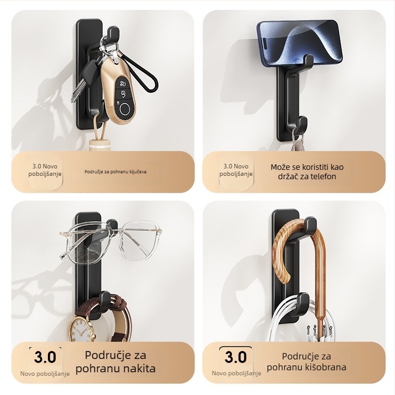 Zidna kuka s ljepilom, dvostruka kuka, snažna bez bušenja, višestruka uporaba za kapute i dodatke, plastična, nosivost do 3 kg