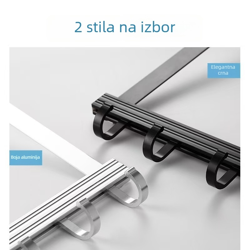 Držač za odjeću na vrata s dvostrukim kukama, konstrukcija od aluminija i karbonskog čelika, nosivost 15 kg, bez bušenja