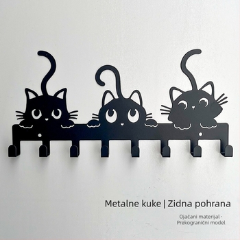 Metalni stalak za ključeve za ulazni hodnik, s tri reda kukica, za ključeve i sitne predmete, sladak mačji motiv