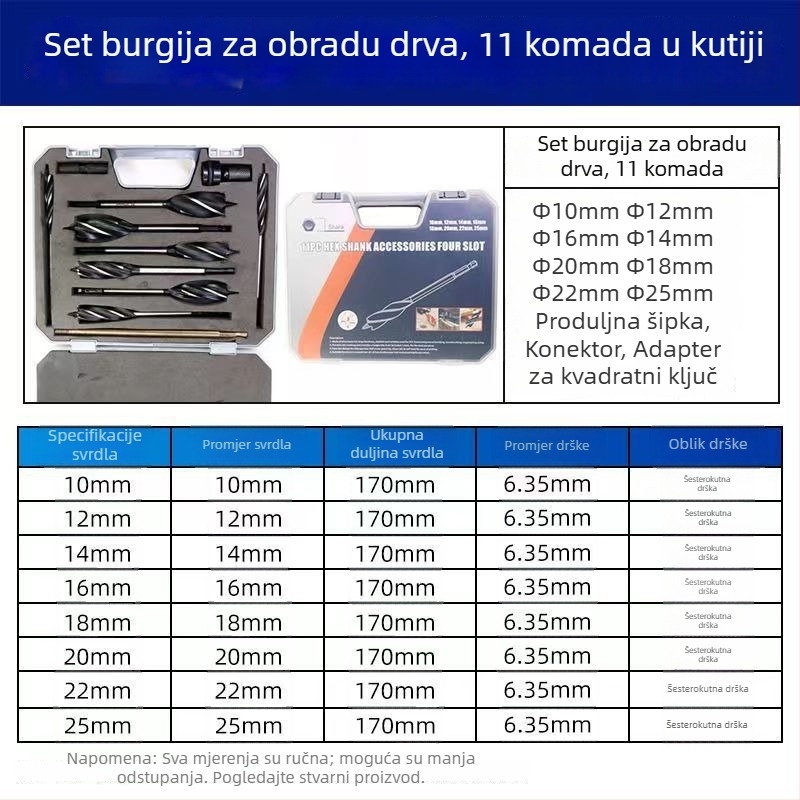 Set bušilica za otvaranje rupa u masivnom drvu za vrata, šestouga ručka, kutija s šarkama, ručna električna bušilica, navojački set bušilica