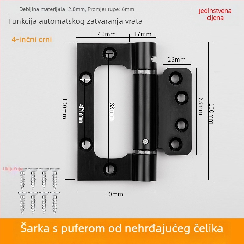 Skriti šarniri za vrata s hidrauličkim amortizerom, opružni mehanizam od nehrđajućeg čelika, automatsko zatvaranje, tamni završetak