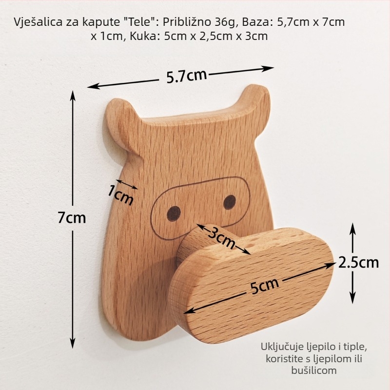 Nordijska vešalica od bukovine s bazom u obliku medvjeda, zidna vješaljka za vrata, hodnik i kupaonica