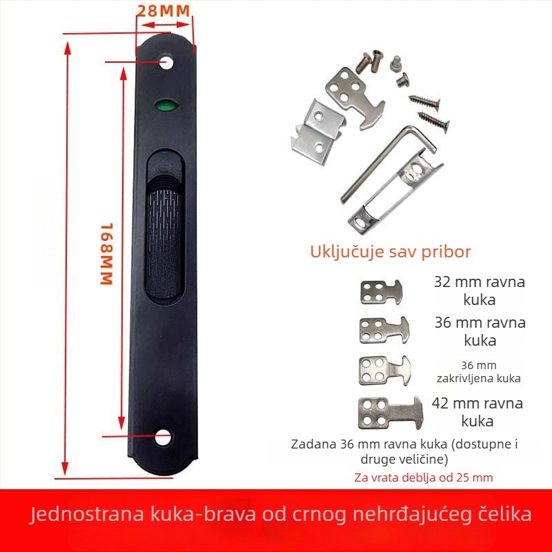 90 mm kuka-ključavka za klizna vrata i prozore, od aluminijske legure i nehrđajućeg čelika, dvostrana