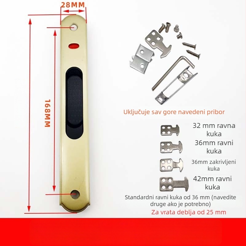 90 mm kuka-ključavka za klizna vrata i prozore, od aluminijske legure i nehrđajućeg čelika, dvostrana
