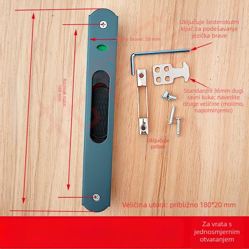 90 mm kuka-ključavka za klizna vrata i prozore, od aluminijske legure i nehrđajućeg čelika, dvostrana