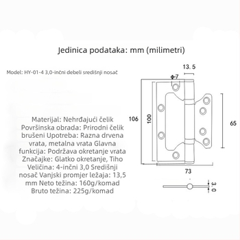 Pante od nehrđajućeg čelika, dvokrilni, 4 inča, debljina 3.0 mm, bez utora, amortizer, tiho zatvaranje, brušena površina