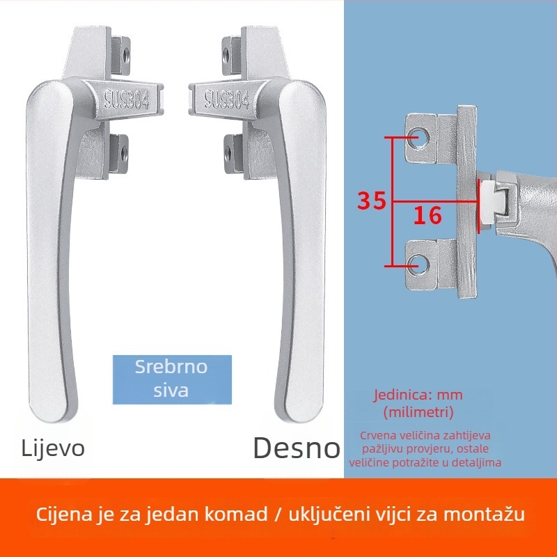 Drška za prozor tipa 38 za sustave prozora s gornjim i donjim ovjesom, vanjsko otvaranje, brava sa sedam znakova, aluminij