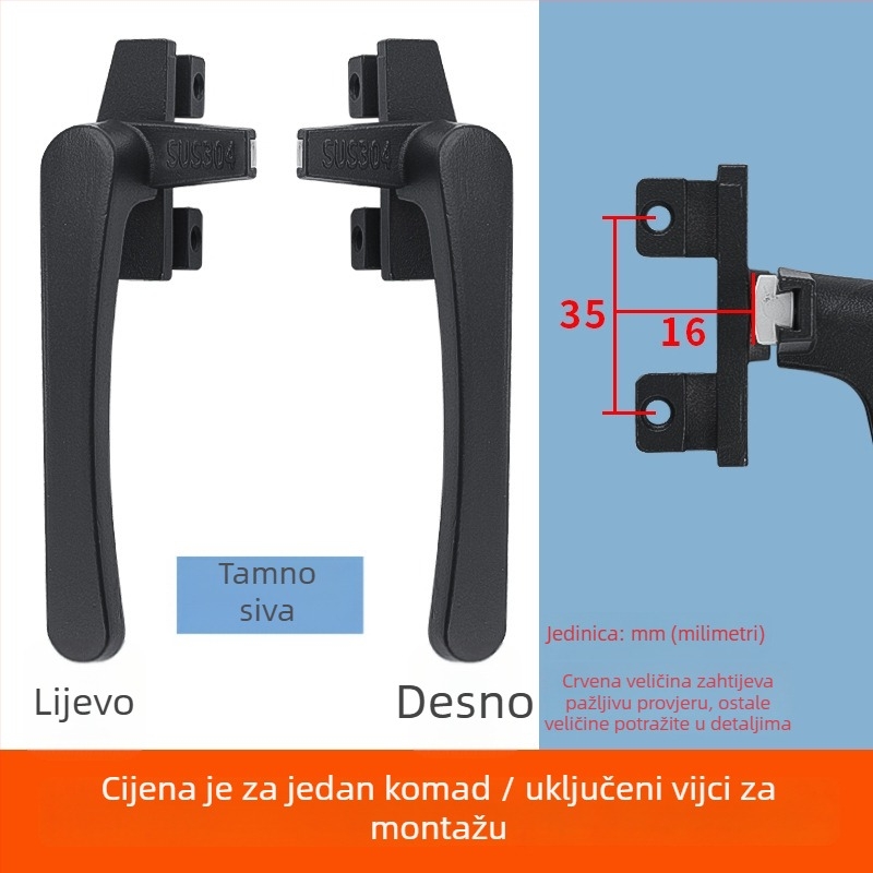Drška za prozor tipa 38 za sustave prozora s gornjim i donjim ovjesom, vanjsko otvaranje, brava sa sedam znakova, aluminij
