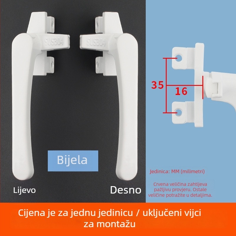 Drška za prozor tipa 38 za sustave prozora s gornjim i donjim ovjesom, vanjsko otvaranje, brava sa sedam znakova, aluminij