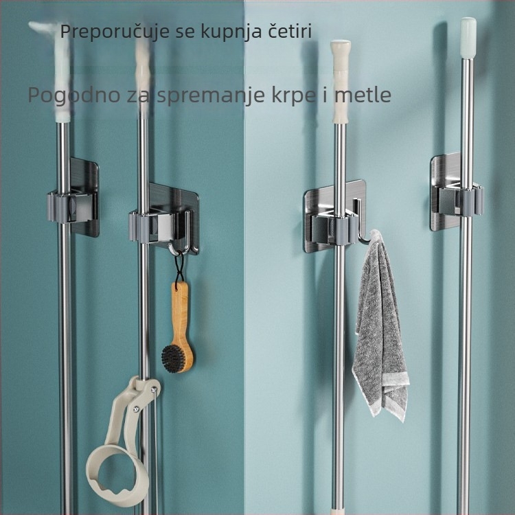 Nehrđajući čelični klip za mop, montaža bez bušenja na zid – za kuhinju, kupaonicu i WC, držač za metlu i prostor za pohranu