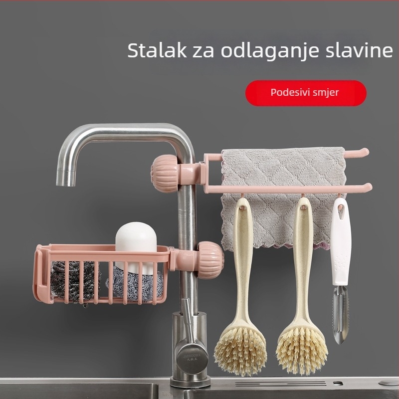 Rust-proof kuhinjski organizator za sudoper: držač za slavinu, viseća košarica, odvodna polica za spužvu, polica za sudoper, držač za krpe