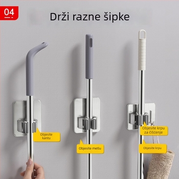 Držač za mop od 201 nehrđajućeg čelika, zidni držač s kukom, bez bušenja
