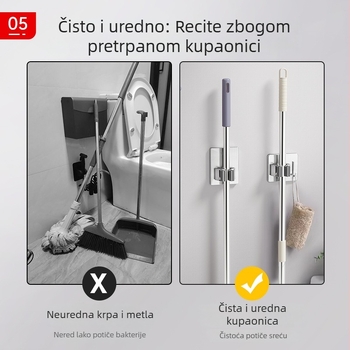 Držač za mop od 201 nehrđajućeg čelika, zidni držač s kukom, bez bušenja