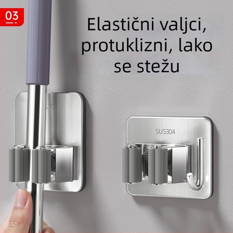 Držač za mop od 201 nehrđajućeg čelika, zidni držač s kukom, bez bušenja
