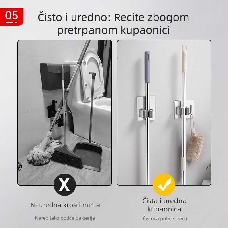 Držač za mop od 201 nehrđajućeg čelika, zidni držač s kukom, bez bušenja