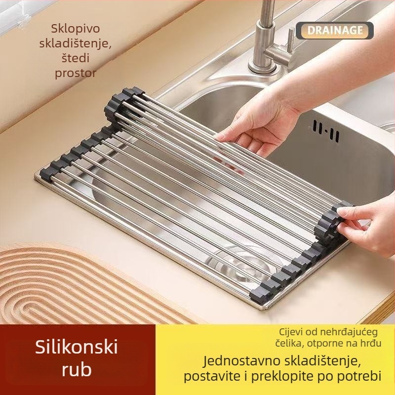 Sklopivi stalak za sudoper od nehrđajućeg čelika za sušenje i odlaganje posuđa i pribora, sa silikon komponentama