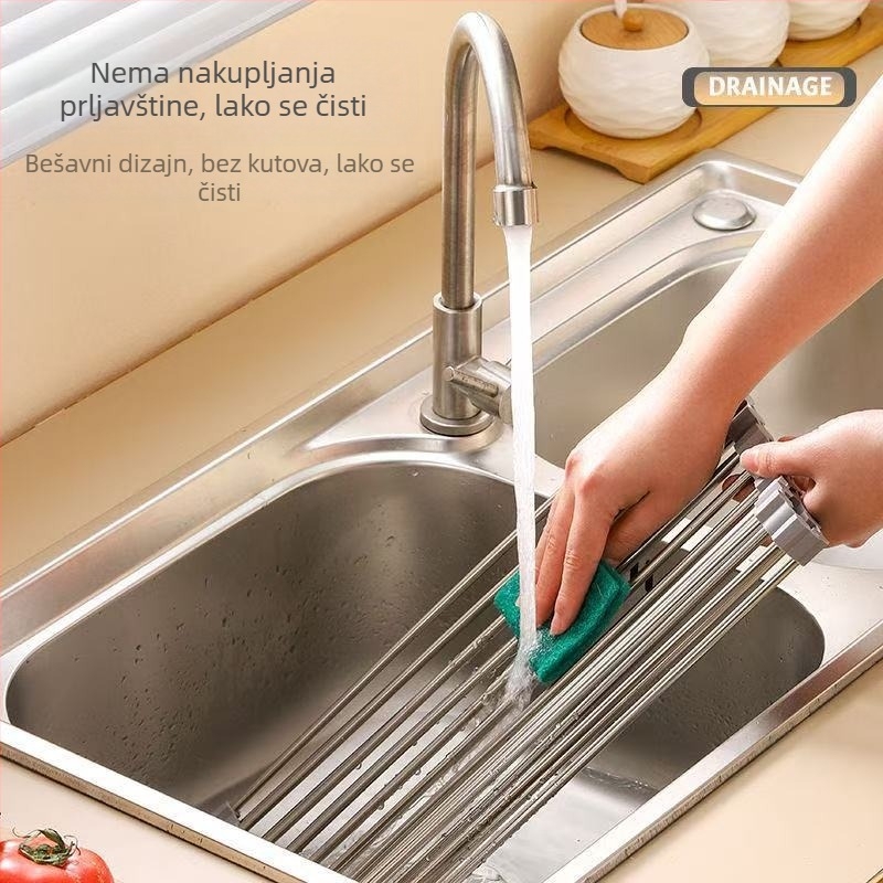 Sklopivi stalak za sudoper od nehrđajućeg čelika za sušenje i odlaganje posuđa i pribora, sa silikon komponentama