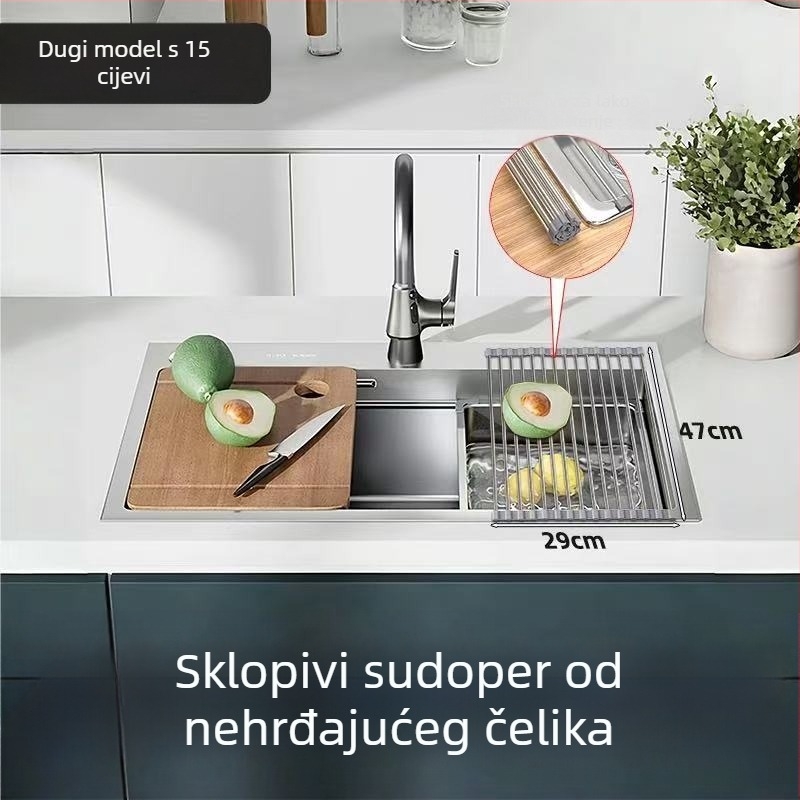 Sklopivi stalak za sudoper od nehrđajućeg čelika za sušenje i odlaganje posuđa i pribora, sa silikon komponentama