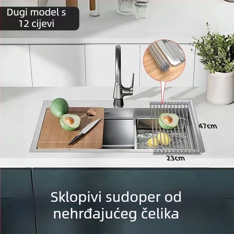 Sklopivi stalak za sudoper od nehrđajućeg čelika za sušenje i odlaganje posuđa i pribora, sa silikon komponentama